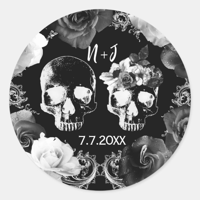 Schwarz-weiße Rose Skeleton Skull Gothic Wedding Runder Aufkleber (Vorderseite)