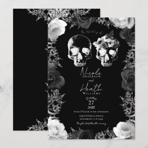 Schwarz Weiße Rosen Totenkopf Gothic Hochzeit Einladung