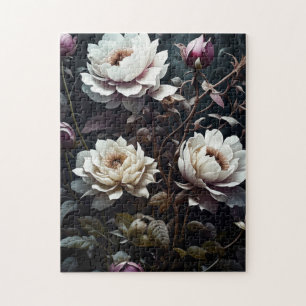 Schwarz-Weiße Rosen Wasserfarben-Kunst Puzzle