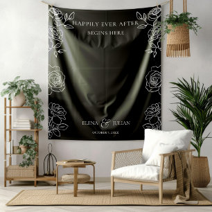 Schwarz-weiße Rosenblumen-Hochzeitsempfang-Einrich Wandteppich