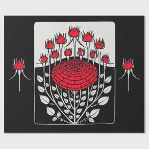 SCHWARZ-WEISSE ROTE ROSEN,ROSENKNOSPE Jugendstil Geschenkpapier