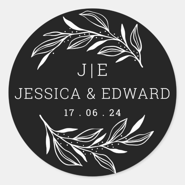 Schwarz-weiße Rustikale Chic Couple Initials Elega Runder Aufkleber (Vorderseite)