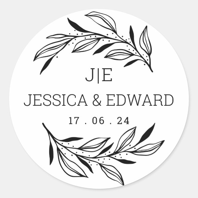 Schwarz-weiße Rustikale Chic Couple Initials Elega Runder Aufkleber (Vorderseite)