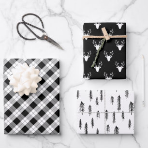 Schwarz-weiße, rustikale Muster für Hirschholz K Geschenkpapier Set