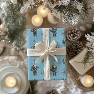 Schwarz-weiße Santa-Linienkunst auf Babyblau Geschenkpapier