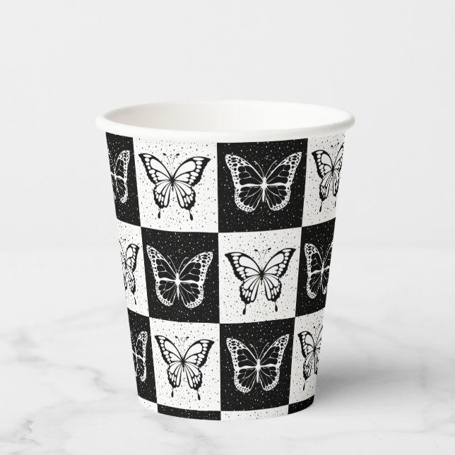 Schwarz-weiße Schmetterlingssicherung Pappbecher (Vorderseite)
