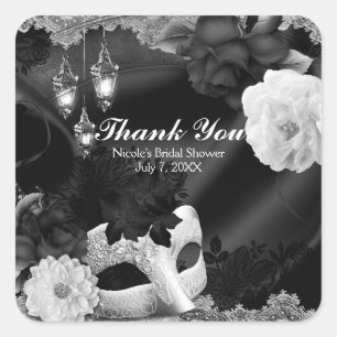 Schwarz-weiße Seiden-Blumen- und Spitze-Maskenball Quadratischer Aufkleber