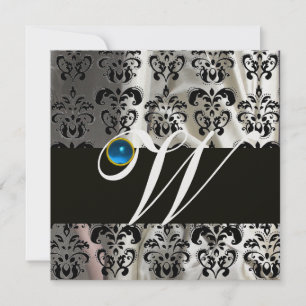 SCHWARZ WEIßE SEIDEN-DAMAST-MONOGRAMM BLAUER SAPPH EINLADUNG
