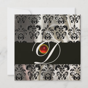 SCHWARZ WEIßE SEIDEN-DAMAST-TUCH MONOGRAMM ROT RUB EINLADUNG