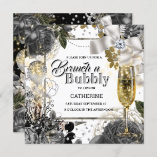 Schwarz-weiße Shabby Chic-Rose-Blase-Glitzer Einladung