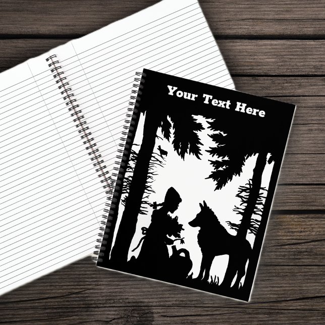 Schwarz-weiße Silhouette Red Riding Hood Wolf Wood Notizbuch (Black White Image Little Red Riding hood with Wolf in Woods on spiral notebook with lined paper.)