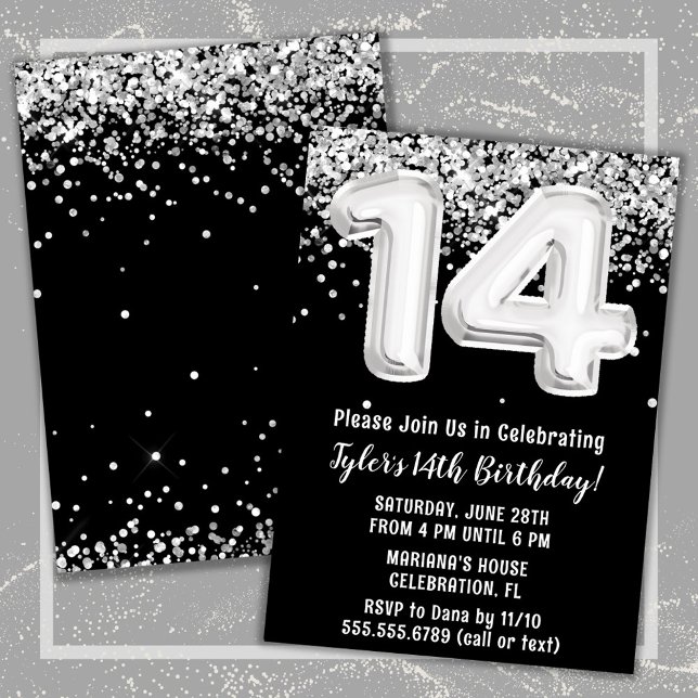 Schwarz-weiße Silver 14. Geburtstagsparty Einladung (Black and White 14th Birthday Party Invitation)