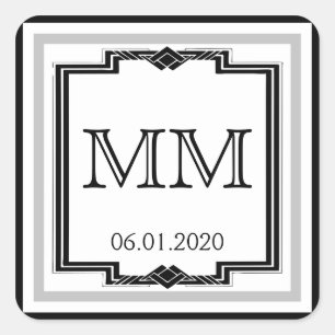 Schwarz-weiße Silver Art Deco Frame Monogram Aufkl Quadratischer Aufkleber