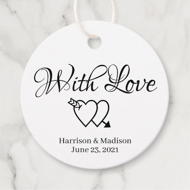 Schwarz-weiße Skriptherzen Hochzeitsgeschenk Geschenkanhänger (Vorderseite)