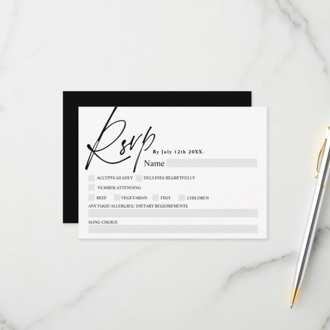 Schwarz-weiße Skriptkalligraphie Lebensmittel uAwg RSVP Karte (Vorderseite/Rückseite Beispiel)