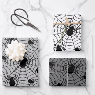 Schwarz-weiße Spinnennetzmuster Halloween Geschenkpapier Set