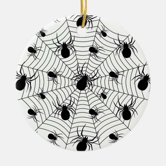 Schwarz-weiße Spinnennetzmuster Halloween Keramik Ornament (Vorne)