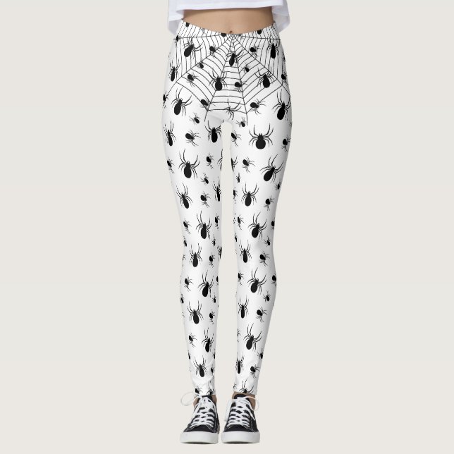 Schwarz-weiße Spinnennetzmuster Halloween Leggings (Vorderseite)