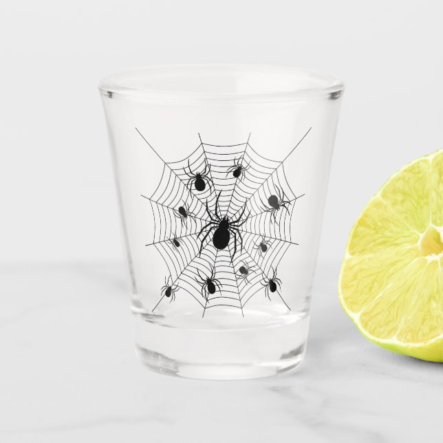 Schwarz-weiße Spinnennetzmuster Halloween Schnapsglas (Vorderseite)