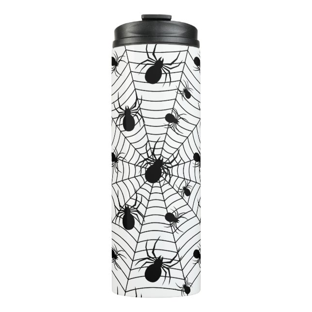 Schwarz-weiße Spinnennetzmuster Halloween Thermosbecher (Vorderseite)