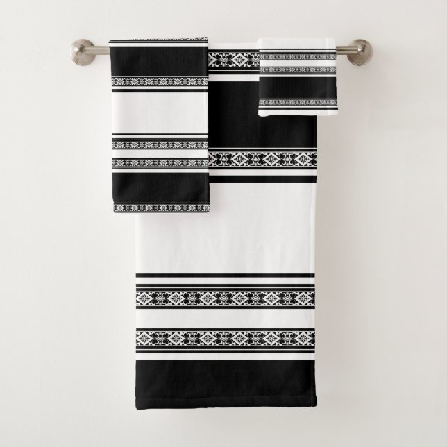 Schwarz-weiße Spitzenflechte und horizontale Strei Badhandtuch Set (Insitu)