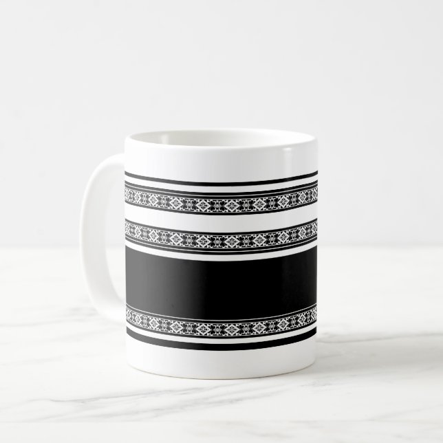 Schwarz-weiße Spitzenflechte und horizontale Strei Kaffeetasse (Vorderseite Links)