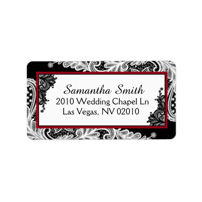 Schwarz-weiße Spitzenroter Akzente Hochzeitstempel Adressaufkleber (Vorne)