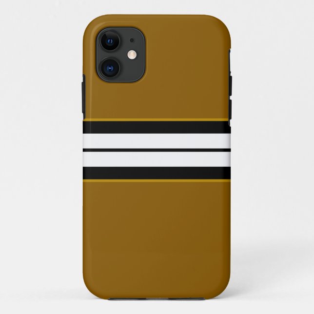 Schwarz-weiße sportliche Streifen auf warm braunen Case-Mate iPhone Hülle (Rückseite)