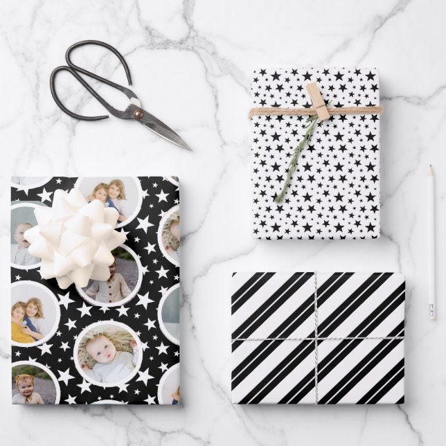 Schwarz-weiße Sterne Streifen FotoCollage Weihnach Geschenkpapier Set (Vorderseite)