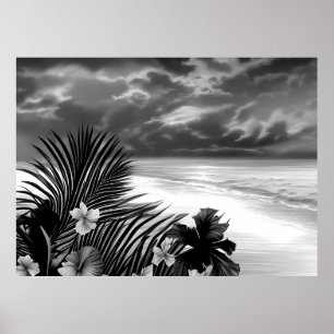Schwarz weiße Strand Ozean Palme Hibiskusblüten Poster