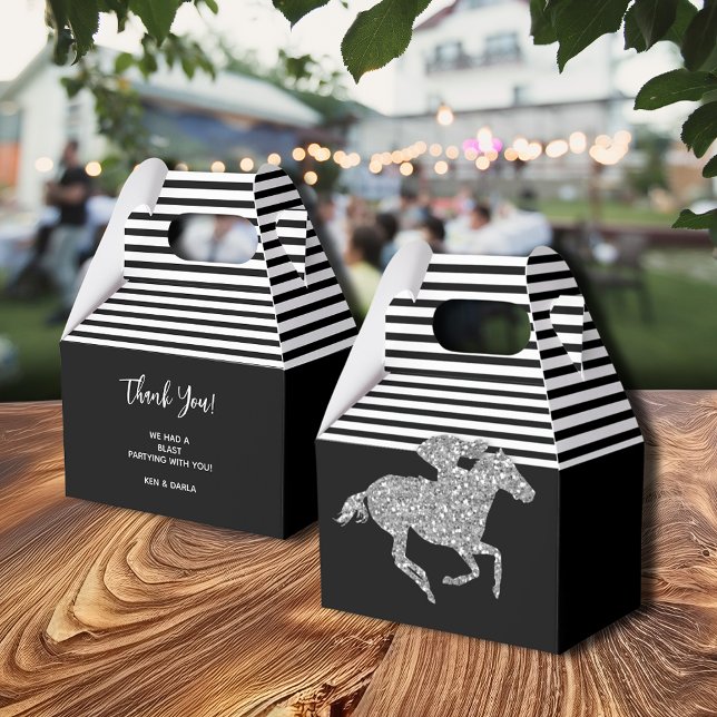 Schwarz-weiße Streifen Geschenkschachtel (Silver Racehorse Black White Stripes Gable Style Favor Boxes)