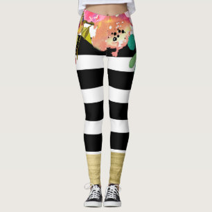 Schwarz Weiße Streifen Glamour Gold Modern Floral Leggings