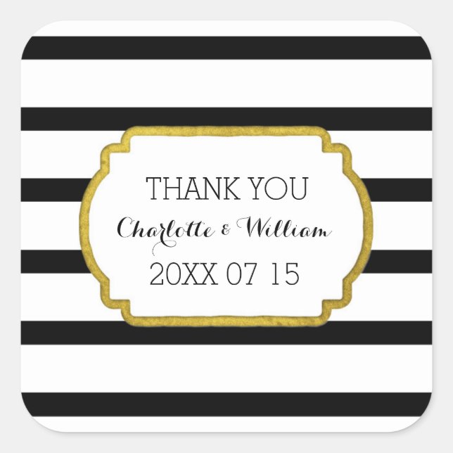 Schwarz-weiße Streifen Gold Gastgeschenk Hochzeit  Quadratischer Aufkleber (Vorderseite)