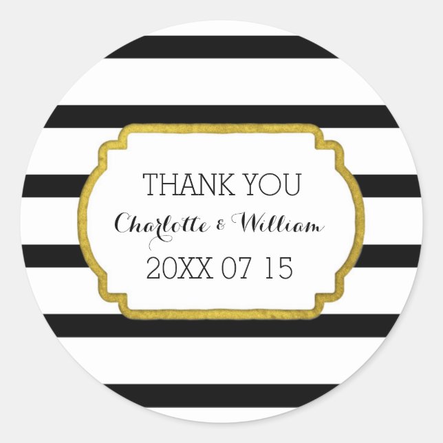 Schwarz-weiße Streifen Gold Gastgeschenk Hochzeit  Runder Aufkleber (Vorderseite)
