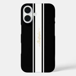 Schwarz-weiße Streifen Gold Mit Monogramm Chic iPhone 16 Hülle