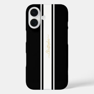 Schwarz-weiße Streifen Gold Mit Monogramm Chic iPhone 16 Hülle