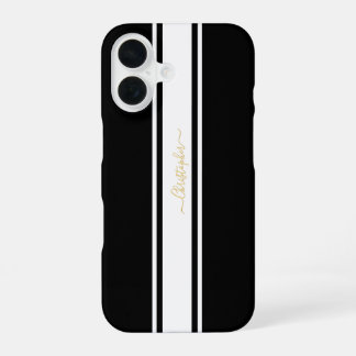 Schwarz-weiße Streifen Gold Mit Monogramm Chic iPhone 16 Hülle