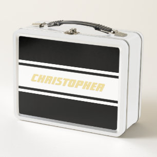 Schwarz-weiße Streifen Gold Monogram Kids Boys Metall Brotdose
