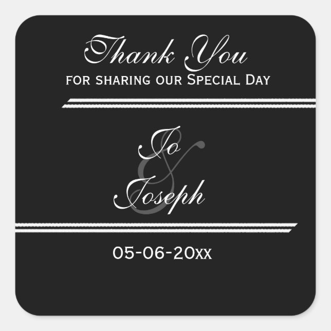 Schwarz-weiße Streifen Hochzeit danke Quadratischer Aufkleber (Vorderseite)