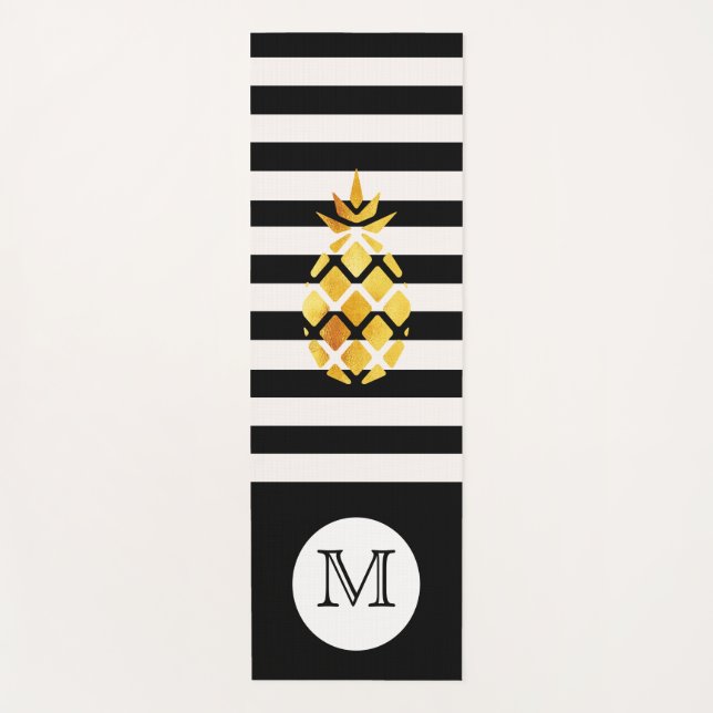 Schwarz-weiße Streifen Imitate Ananas-Monogramm Yogamatte (Vorderseite)