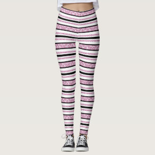 Schwarz-weiße Streifen mit Magenta-Blumenmuster Leggings