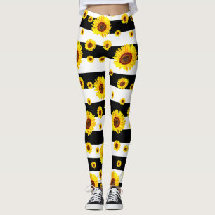 Schwarz-weiße Streifen mit Sonnenblumen Blume Leggings