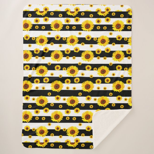 Schwarz-weiße Streifen mit Sonnenblumen Blume Sherpadecke (Vorderseite)