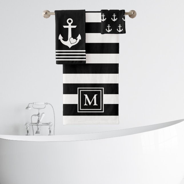 Schwarz-weiße Streifen Monogramm für das Nautische Badhandtuch Set (Von Creator hochgeladen)
