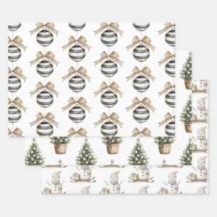 Schwarz-weiße Streifen Ornament Bow Weihnachten Geschenkpapier Set
