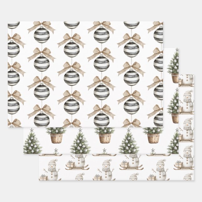 Schwarz-weiße Streifen Ornament Bow Weihnachten Geschenkpapier Set (Set)