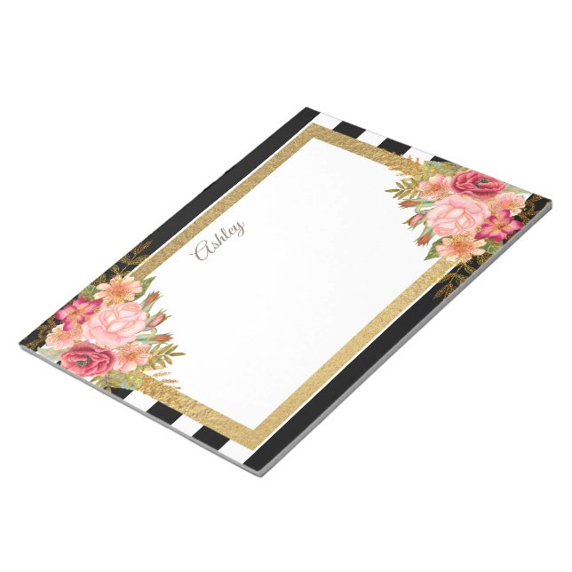 Schwarz-weiße Streifen Pink Gold Floral Notizblock (angewinkelt)