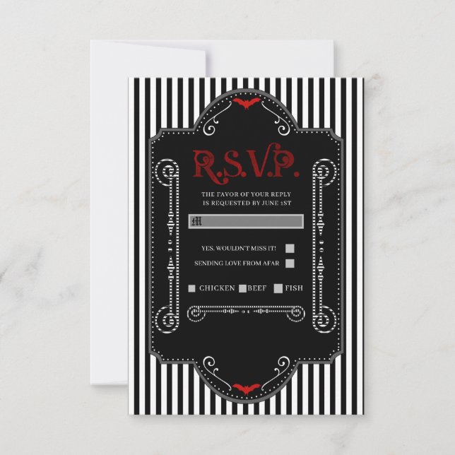 Schwarz-weiße Streifen Red Gothic Bat Wedding RSVP (Vorderseite)