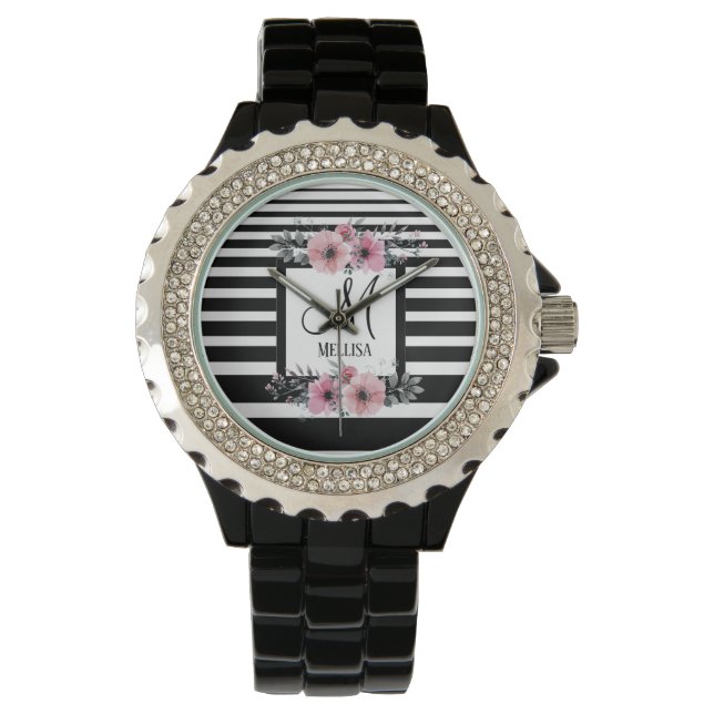 Schwarz-weiße Streifen Rosa Floral Monogramm Armbanduhr (Vorderseite)