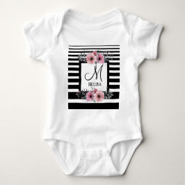 Schwarz-weiße Streifen Rosa Floral Monogramm Baby Strampler